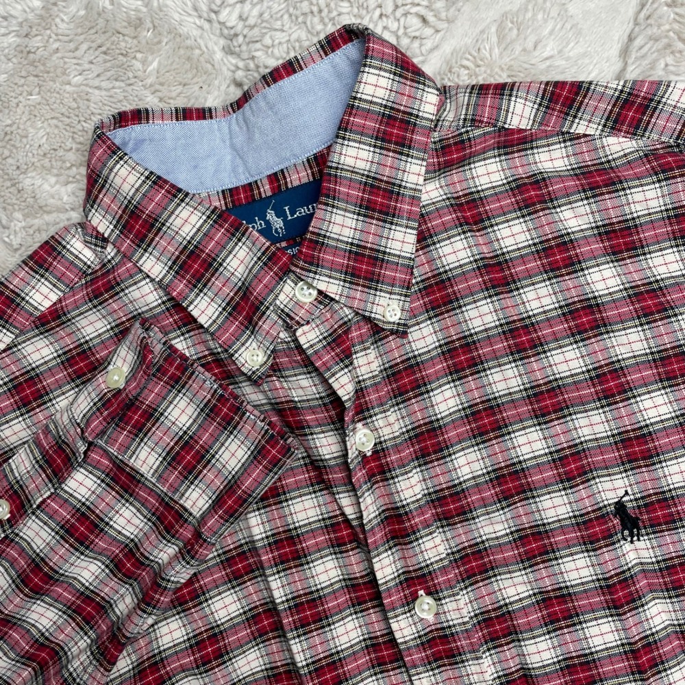 Ralph Lauren Mens Classic Fit Plaid Button Down Shirt Red White Black Large